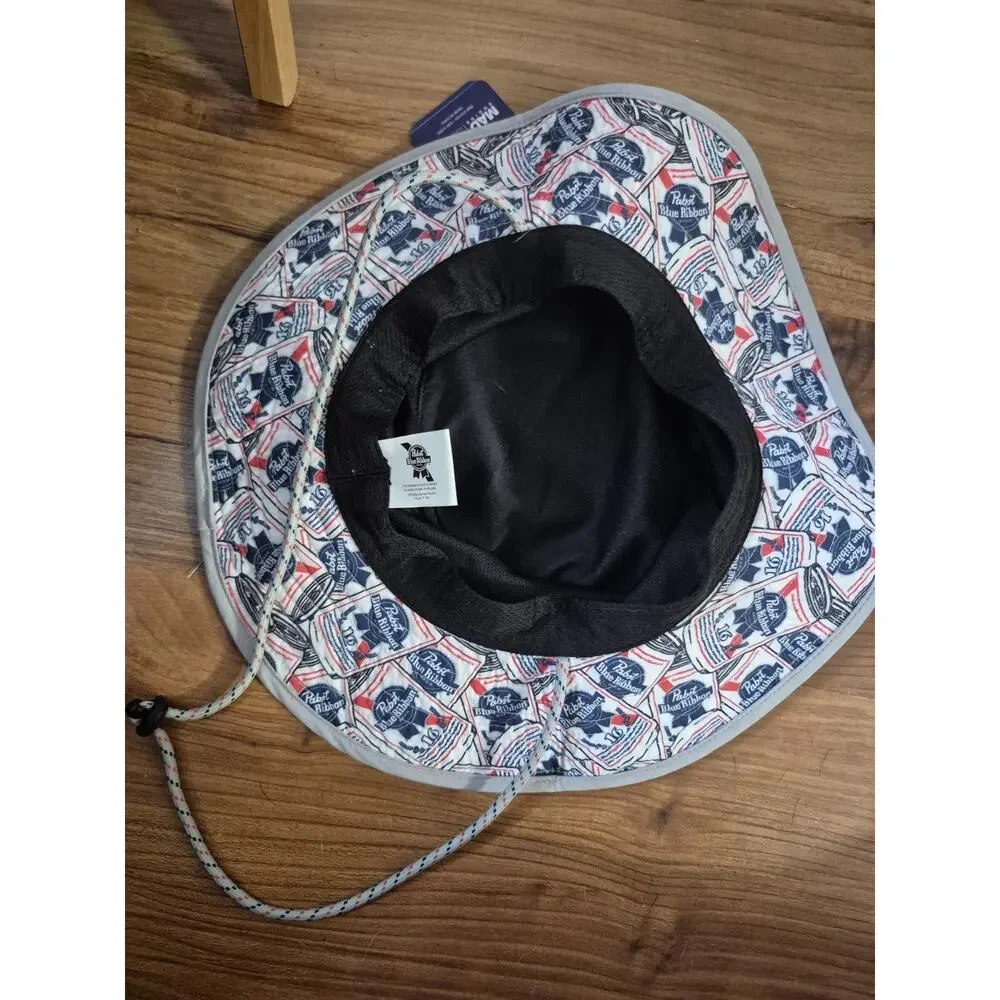 Pabst Blue Ribbon Beer Grey Drawsring Bucket Safari Hat Cap Lightweight s33